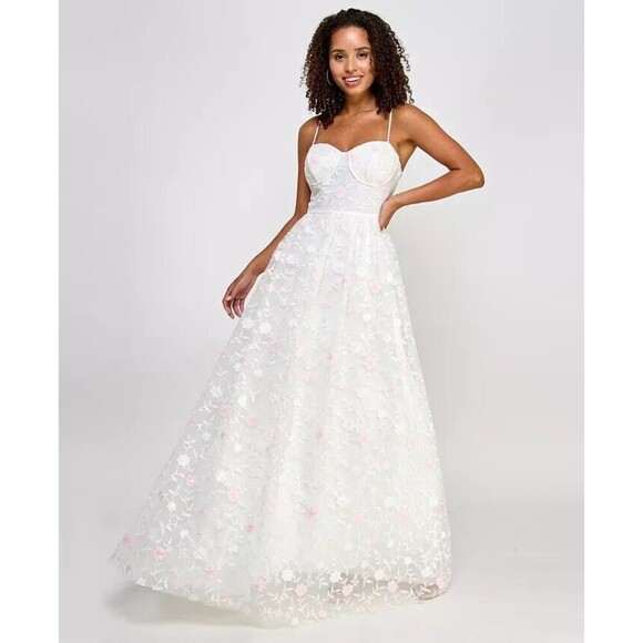 City Studios Juniors' Floral Embroidered Tulle Bustier Gown Maxi Dress White 5/6 - Picture 1 of 13